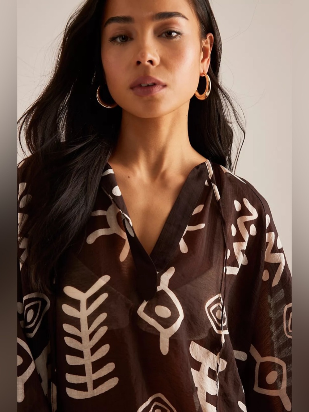 Anthropologie Tie-Neck Printed Mini Kaftan Dress Tunic Brown White Abstract - Picture 15 of 15